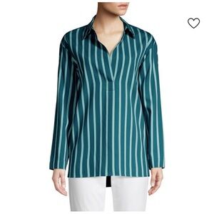 LAFAYETTE 148 NEW YORK Beckett Mediterranean Stripe Blouse Green Blue Sz L